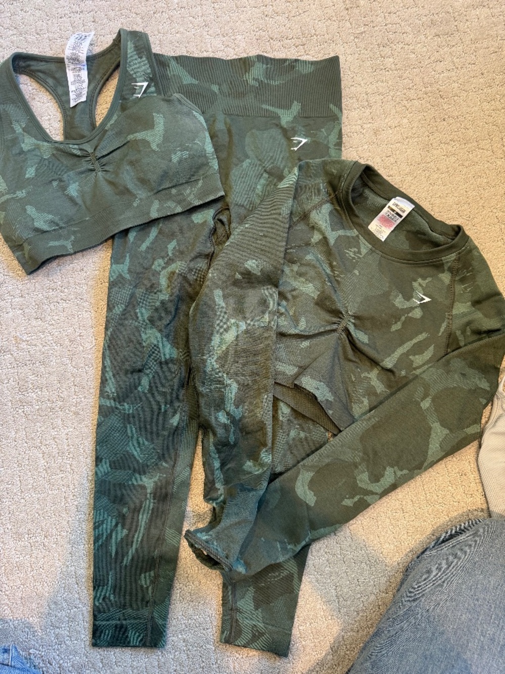 Gymshark Adapt Camo Seamless 3 Piece Set Green Leggings Bra Crop Top